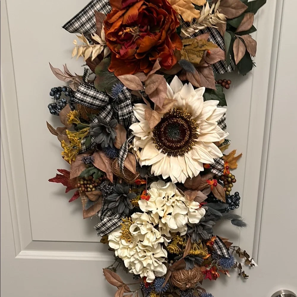 Primitive FarmhouseDoor Wreath Blue Cream Elegant Florals Custom Final Sale